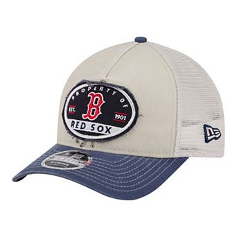 Men's New Era Light Beige/Navy Boston Red Sox Frayed M-Crown A-Frame 9FORTY Trucker Adjustable Hat