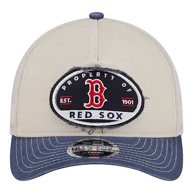 Men's New Era Light Beige/Navy Boston Red Sox Frayed M-Crown A-Frame 9FORTY Trucker Adjustable Hat