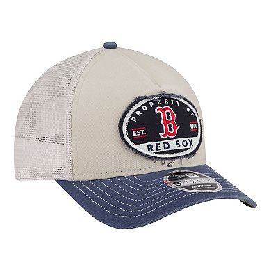 Men's New Era Light Beige/Navy Boston Red Sox Frayed M-Crown A-Frame 9FORTY Trucker Adjustable Hat