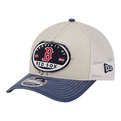 Men's New Era Light Beige/Navy Boston Red Sox Frayed M-Crown A-Frame 9FORTY Trucker Adjustable Hat