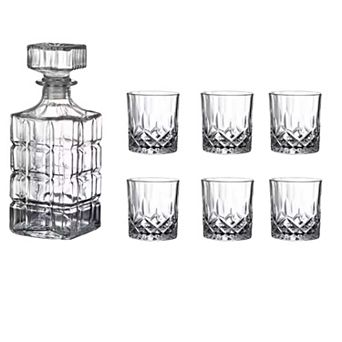 25 oz Square Pattern Glass Whiskey Decanter Set with Stopper - Includes 6 Glasses (7.4 oz)