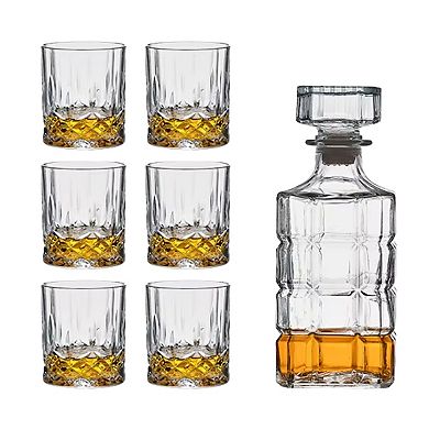25 oz Square Pattern Glass Whiskey Decanter Set with Stopper - Includes 6 Glasses (7.4 oz)