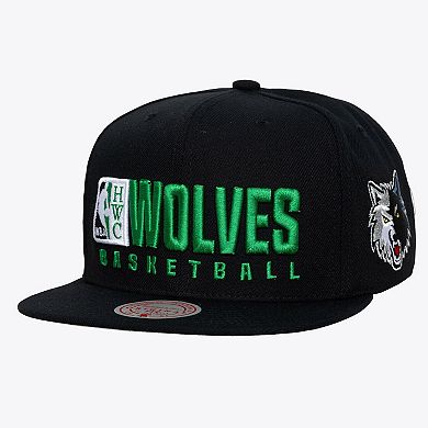 Men's Mitchell & Ness Black Minnesota Timberwolves Hardwood Classics Old School Stacked Text Snapback Hat