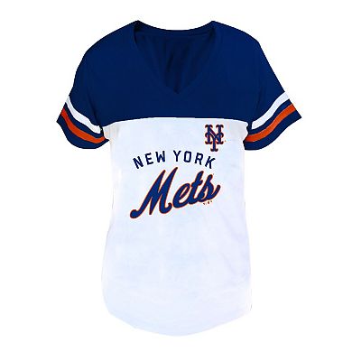 Women's Profile White/Royal New York Mets Plus Size Two-Stripe V-Neck T-Shirt