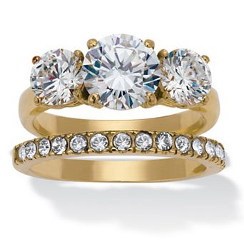 3.96 TCW 3-Stone Round Cubic Zirconia Gold Ion-Plated Bridal Set