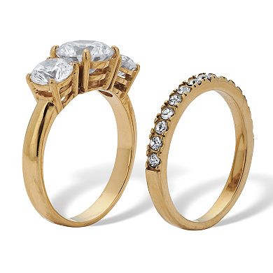 3.96 TCW 3-Stone Round Cubic Zirconia Gold Ion-Plated Bridal Set