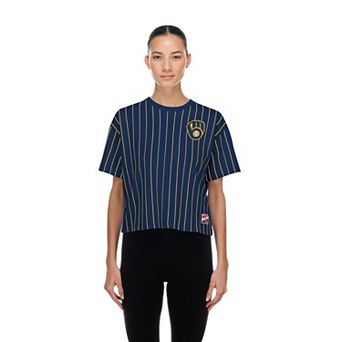 Women's New Era Navy Milwaukee Brewers Throwback Meshback Pinstripe Boxy T-Shirt