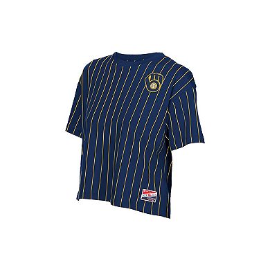 Women's New Era Navy Milwaukee Brewers Throwback Meshback Pinstripe Boxy T-Shirt