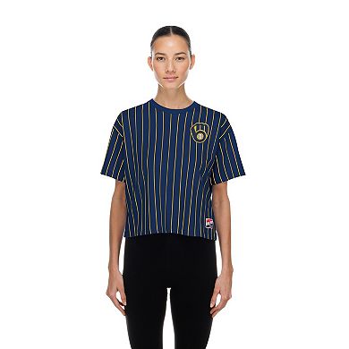 Women's New Era Navy Milwaukee Brewers Throwback Meshback Pinstripe Boxy T-Shirt