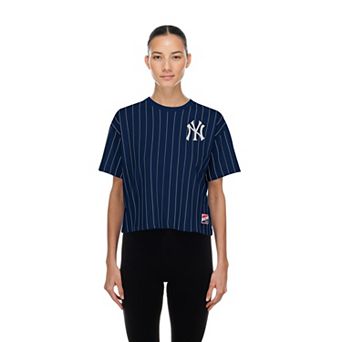 Women's New Era Navy New York Yankees Throwback Meshback Pinstripe Boxy T-Shirt