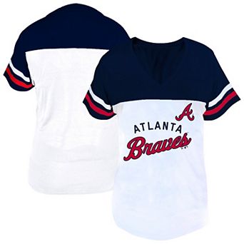 Women's Profile White/Navy Atlanta Braves Plus Size Two-Stripe V-Neck T-Shirt