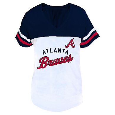 Women's Profile White/Navy Atlanta Braves Plus Size Two-Stripe V-Neck T-Shirt