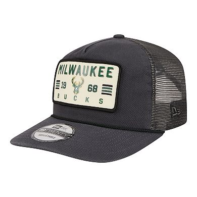 Men's New Era Charcoal Milwaukee Bucks Washed Patch 19TWENTY Adjustable Trucker Hat