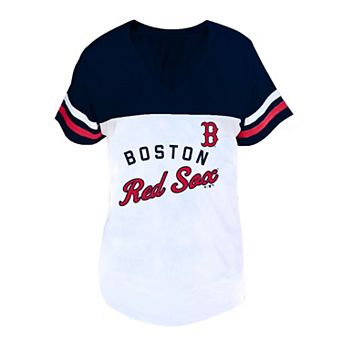 Women's Profile White/Navy Boston Red Sox Plus Size Two-Stripe V-Neck T-Shirt