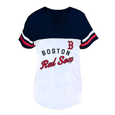 Women's Profile White/Navy Boston Red Sox Plus Size Two-Stripe V-Neck T-Shirt