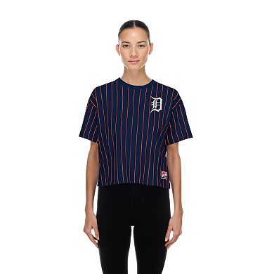 Women's New Era Navy Detroit Tigers Throwback Meshback Pinstripe Boxy T-Shirt