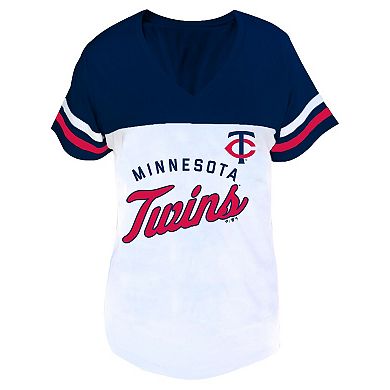 Women's Profile White/Navy Minnesota Twins Plus Size Two-Stripe V-Neck T-Shirt
