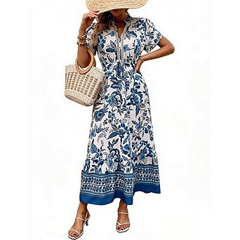 Women's Beach Casual Floral Boho Midi Dress V Neck Lace Trim Short Sleeve Tie Waist Dress
