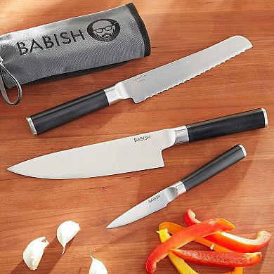 Babish German High Carbon 1.4116 Steel 3 Piece Chef Bread and Pairing Knife with Knife Roll