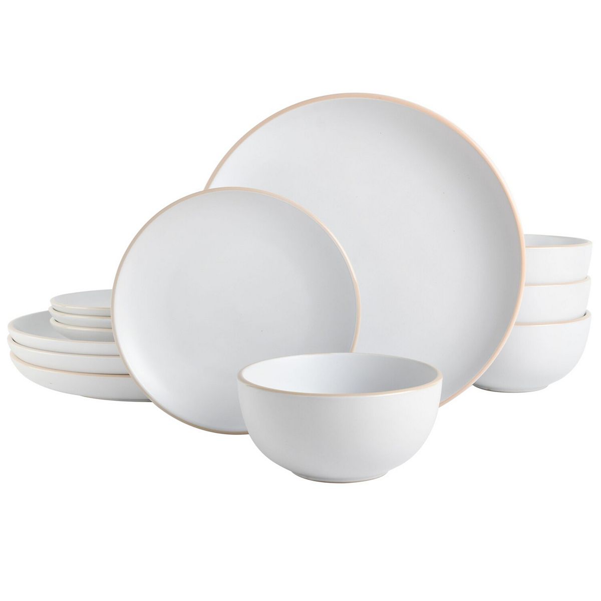 Gibson Home Rockaway 12 Piece Plates and Bowls Matte Glaze Service for 4 Dinnerware Set - White