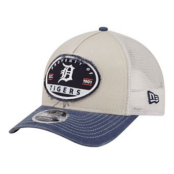 Men's New Era Light Beige/Navy Detroit Tigers Frayed M-Crown A-Frame 9FORTY Trucker Adjustable Hat