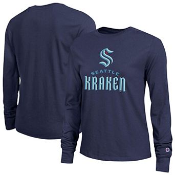 Women's Champion Navy Seattle Kraken Wordmark Lockup Long Sleeve T-Shirt