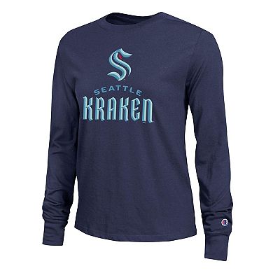 Women's Champion Navy Seattle Kraken Wordmark Lockup Long Sleeve T-Shirt