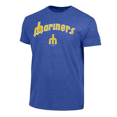 Men's Champion Royal Seattle Mariners Cooperstown Wordmark Lockup Tri-Blend T-Shirt