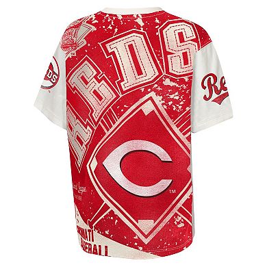Youth Outerstuff Cream Cincinnati Reds Big League Top Player Bold All-Over-Print T-Shirt