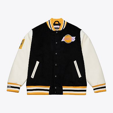 Men's Mitchell & Ness Black/White Los Angeles Lakers Hardwood Classics Off Day Full-Snap Varsity Jacket