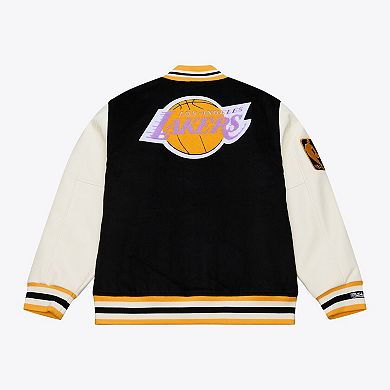 Men's Mitchell & Ness Black/White Los Angeles Lakers Hardwood Classics Off Day Full-Snap Varsity Jacket