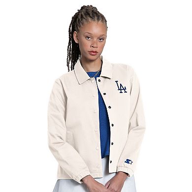 Women's Starter Cream Los Angeles Dodgers Cooperstown First Down Full-Snap Coaches Jacket