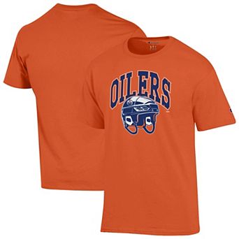 Men's Champion Orange Edmonton Oilers Helmet T-Shirt