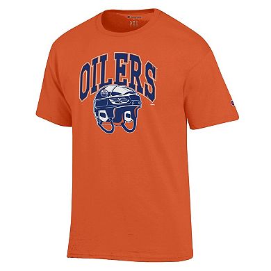Men's Champion Orange Edmonton Oilers Helmet T-Shirt