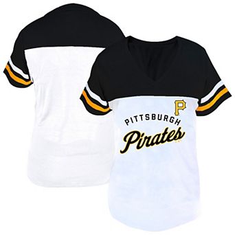 Women's Profile White/Black Pittsburgh Pirates Plus Size Two-Stripe V-Neck T-Shirt