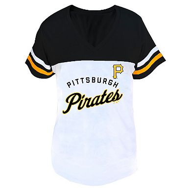 Women's Profile White/Black Pittsburgh Pirates Plus Size Two-Stripe V-Neck T-Shirt