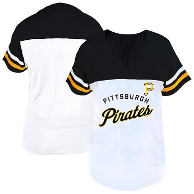 Women's Profile White/Black Pittsburgh Pirates Plus Size Two-Stripe V-Neck T-Shirt