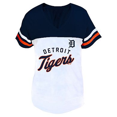 Women's Profile White/Navy Detroit Tigers Plus Size Two-Stripe V-Neck T-Shirt