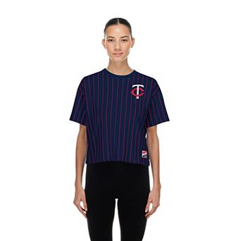 Women's New Era Navy Minnesota Twins Throwback Meshback Pinstripe Boxy T-Shirt
