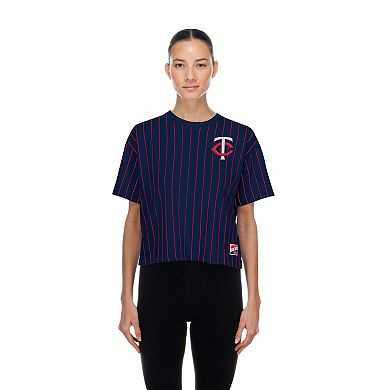 Women's New Era Navy Minnesota Twins Throwback Meshback Pinstripe Boxy T-Shirt