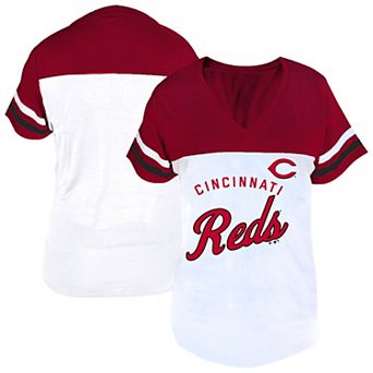 Women's Profile White/Red Cincinnati Reds Plus Size Two-Stripe V-Neck T-Shirt