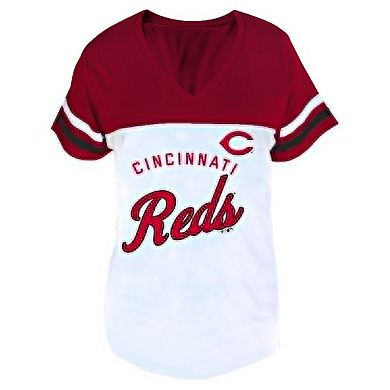 Women's Profile White/Red Cincinnati Reds Plus Size Two-Stripe V-Neck T-Shirt