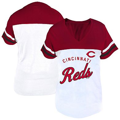 Women's Profile White/Red Cincinnati Reds Plus Size Two-Stripe V-Neck T-Shirt
