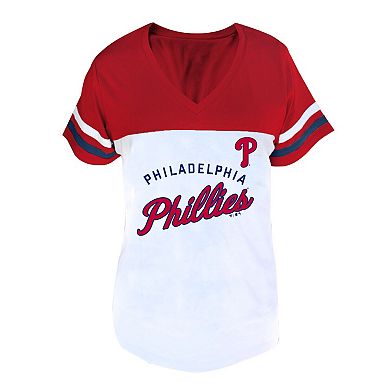 Women's Profile White/Red Philadelphia Phillies Plus Size Two-Stripe V-Neck T-Shirt