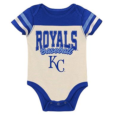 "Newborn Outerstuff Cream/Royal Kansas City Royals Up One Three-Piece Bodysuit, Bib & Booties Set"