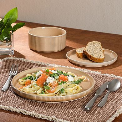 Gibson Elite Solana Coast 12 Pcs Stoneware Reactive Plates and Bowls Modern Embossed Dinnerware Set