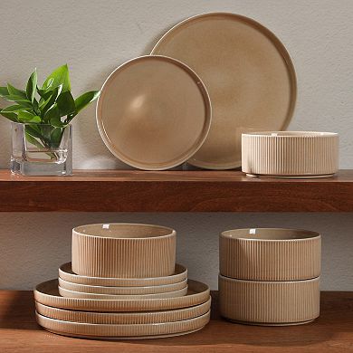 Gibson Elite Solana Coast 12 Pcs Stoneware Reactive Plates and Bowls Modern Embossed Dinnerware Set