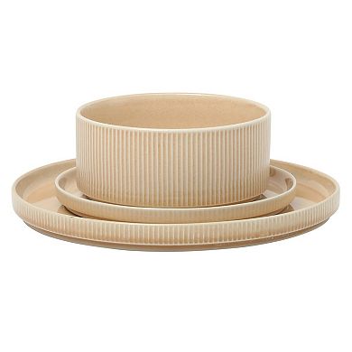 Gibson Elite Solana Coast 12 Pcs Stoneware Reactive Plates and Bowls Modern Embossed Dinnerware Set