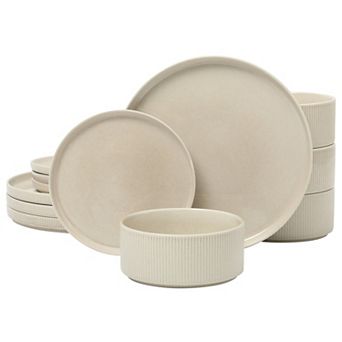 Gibson Elite Solana Coast 12 pc Stoneware Reactive Plates and Bowls Modern Embossed Dinnerware Set