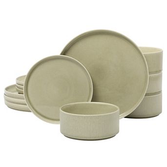Gibson Elite Solana Coast 12 pc Stoneware Reactive Plates and Bowls Modern Embossed Dinnerware Set